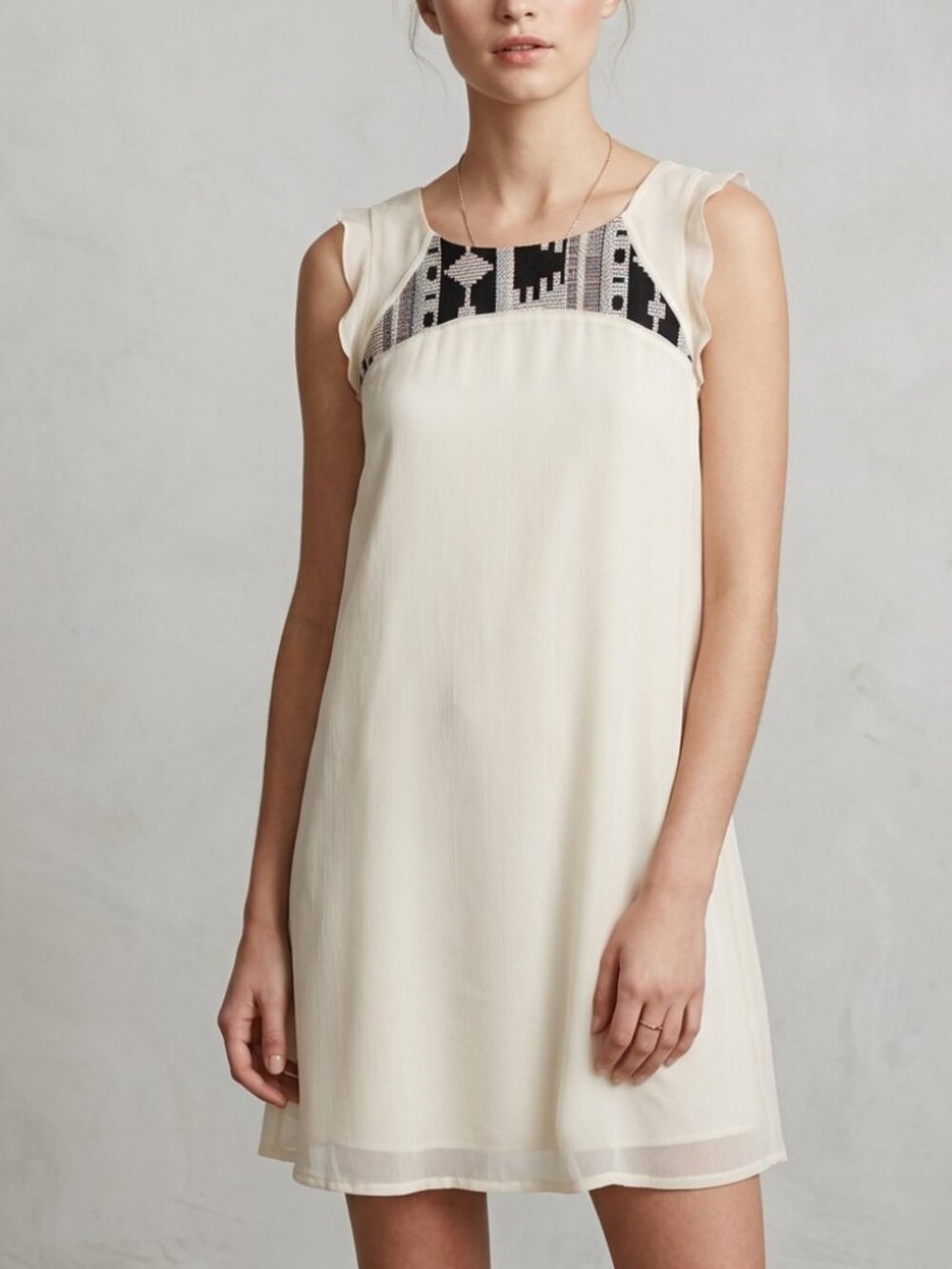 Cream Sheer Sleeveless Knee Length Dress with Geometric Embroidered Pattern, SM